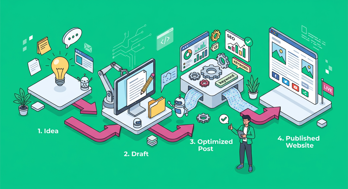 A clean isometric-style workflow scene showing automated content moving from idea to draft to optimized post to published ...