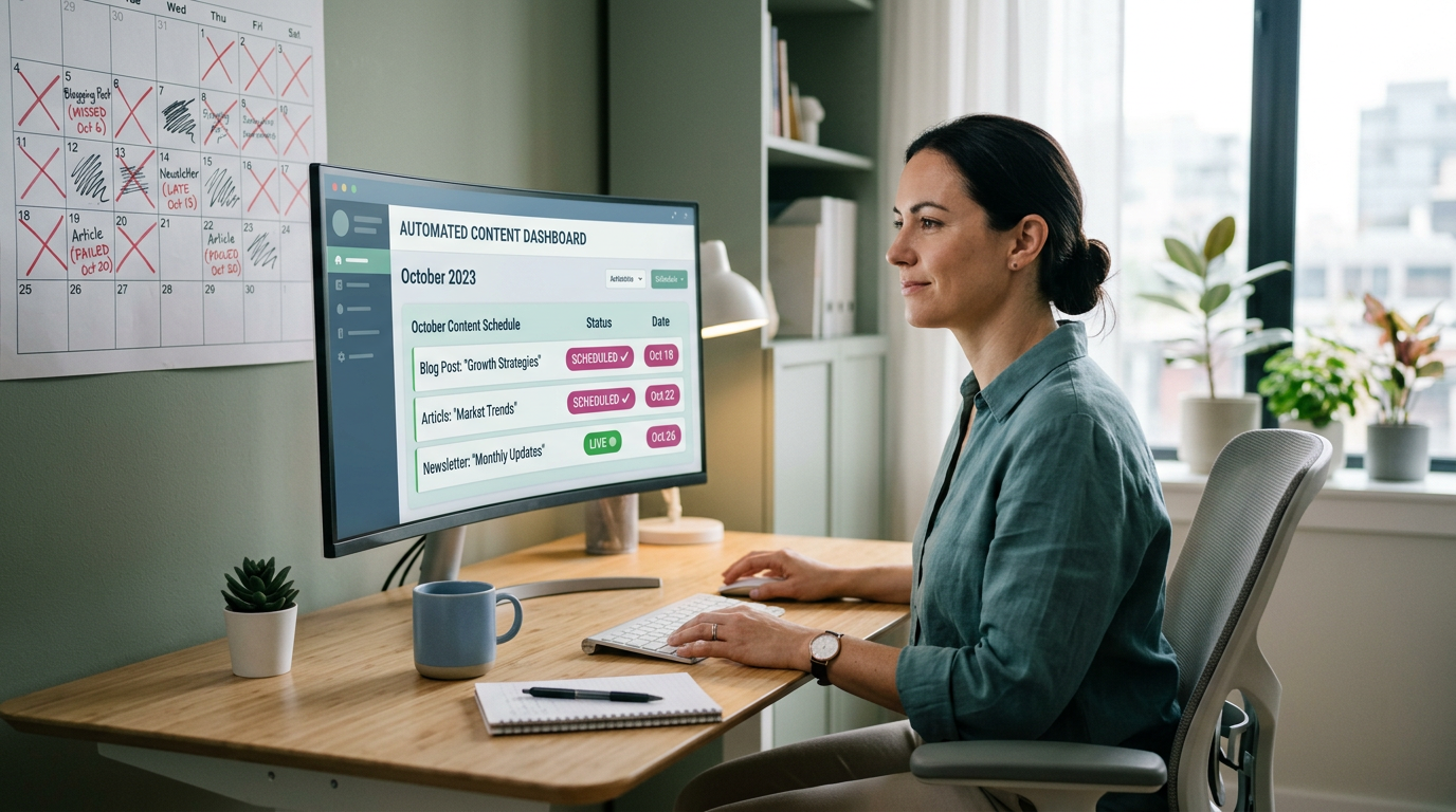 A modern editorial-style scene of a business owner watching a calendar fill with missed blogging deadlines, then switching...
