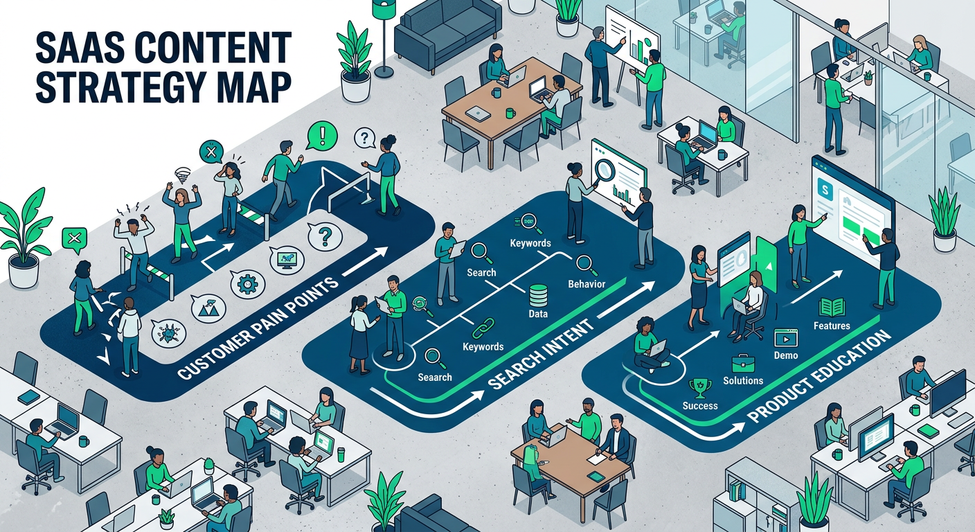 A modern editorial illustration of a SaaS content strategy map with three connected paths labeled in simple short words, s...