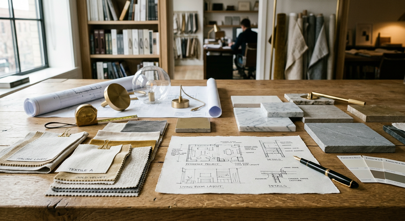 A refined design studio presentation showing material samples, custom fabric swatches, stone slabs, lighting fixtures, and...