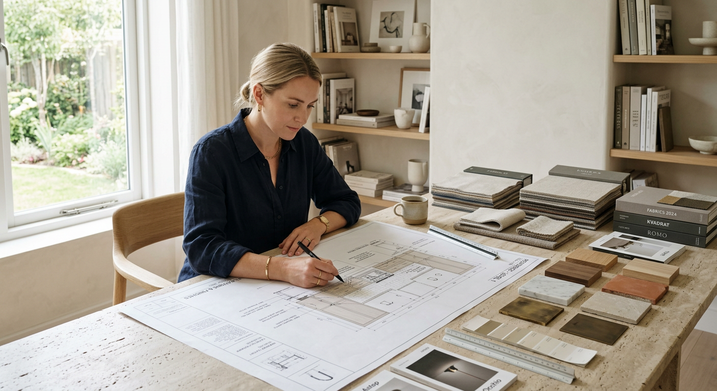 A refined interior planning scene with a designer marking elevations and finishes over large-format architectural drawings...