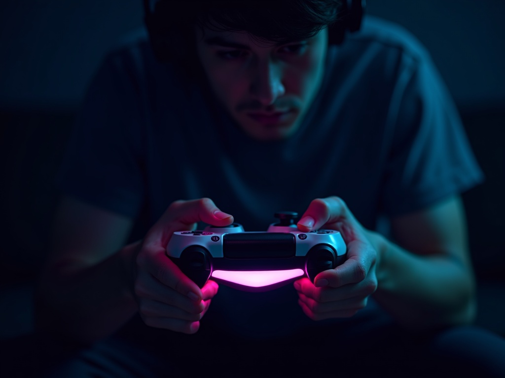 Jugador concentrado usando el Mando PS5 DualSense en una habitación con poca luz