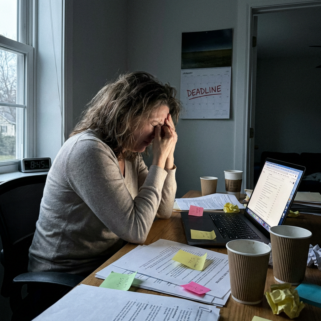 A tired small business owner at a messy desk with sticky notes and cold coffee, late evening, laptop open with too many tabs