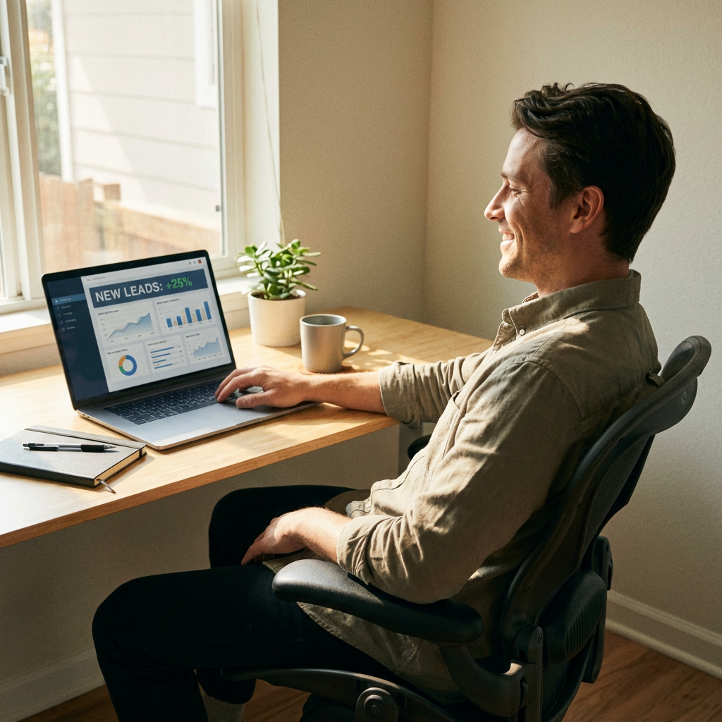 A smiling business owner at a clean desk reviewing their laptop, morning light through window, relaxed posture
