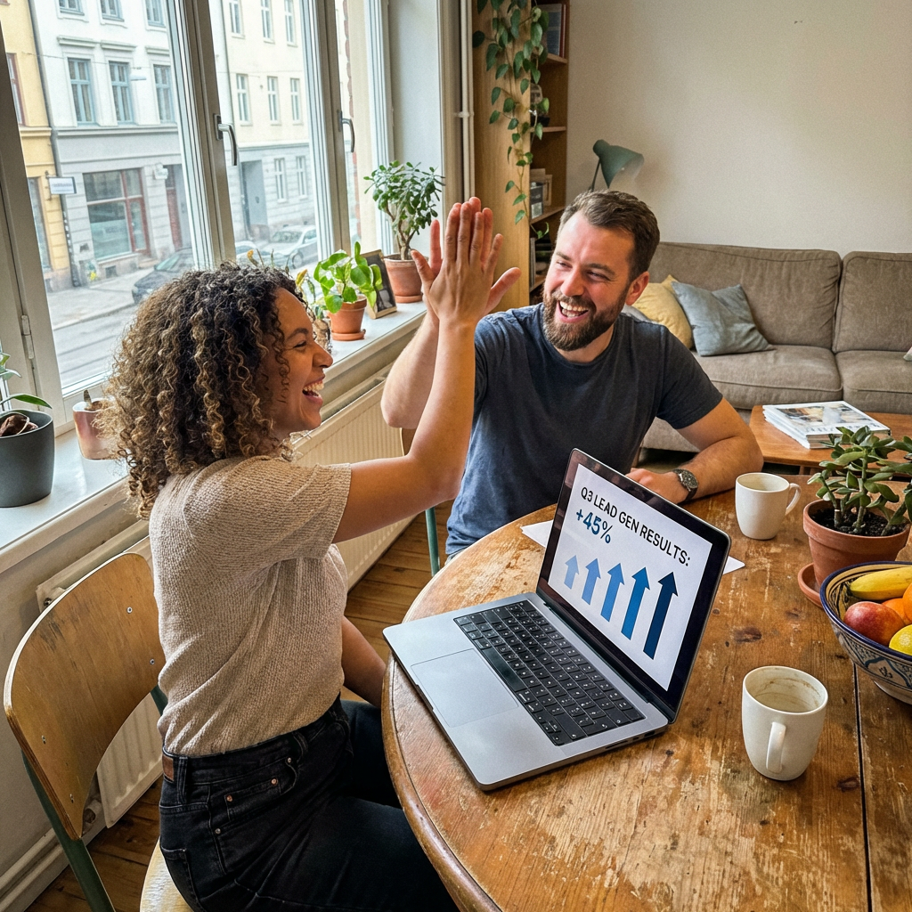 Two coworkers laughing while reviewing results on a laptop in a casual office break room