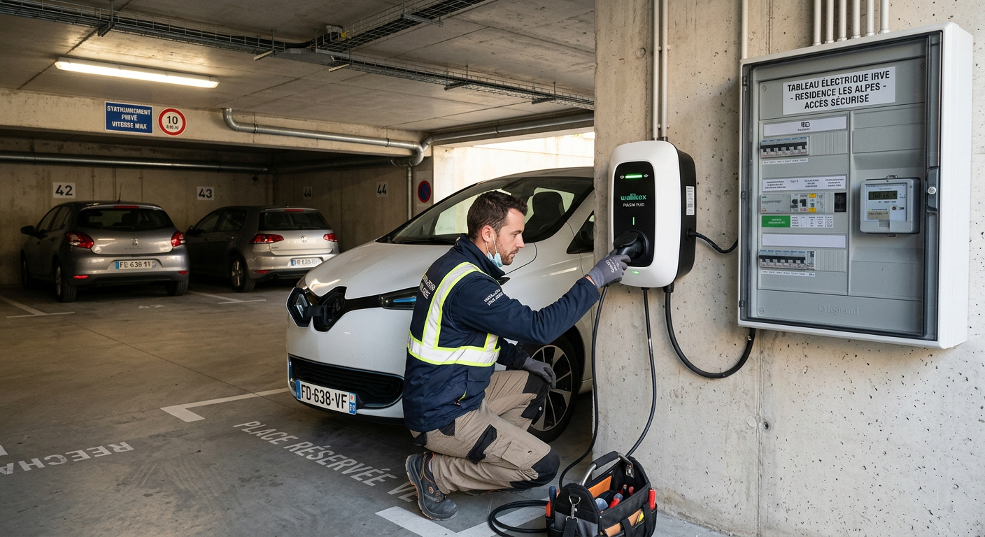 Installateur IRVE connectant une voiture électrique à une borne de recharge électrique moderne dans un parking privé en copropriété