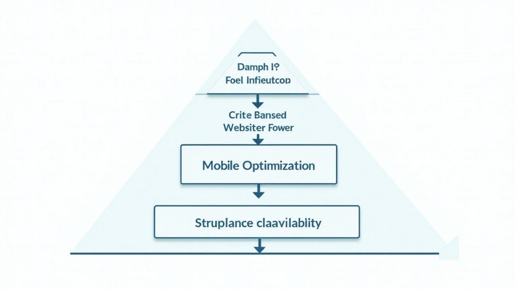 Website technical architecture diagram showing foundation elements like site speed, mobile optimization, crawlability, and structured data as building blocks