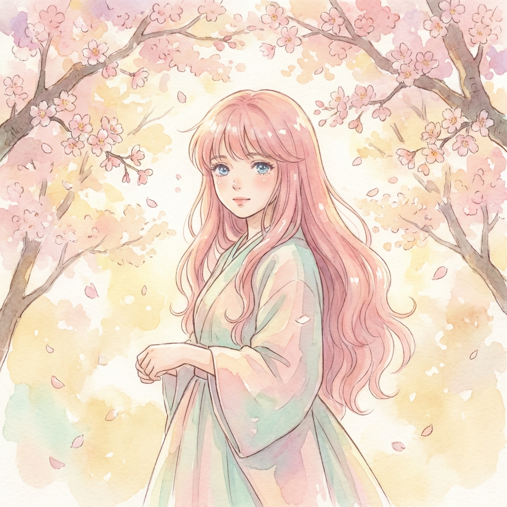 Beautiful anime girl with flowing pink hair and sparkling blue eyes surrounded by cherry blossom petals, Studio Ghibli inspired art style