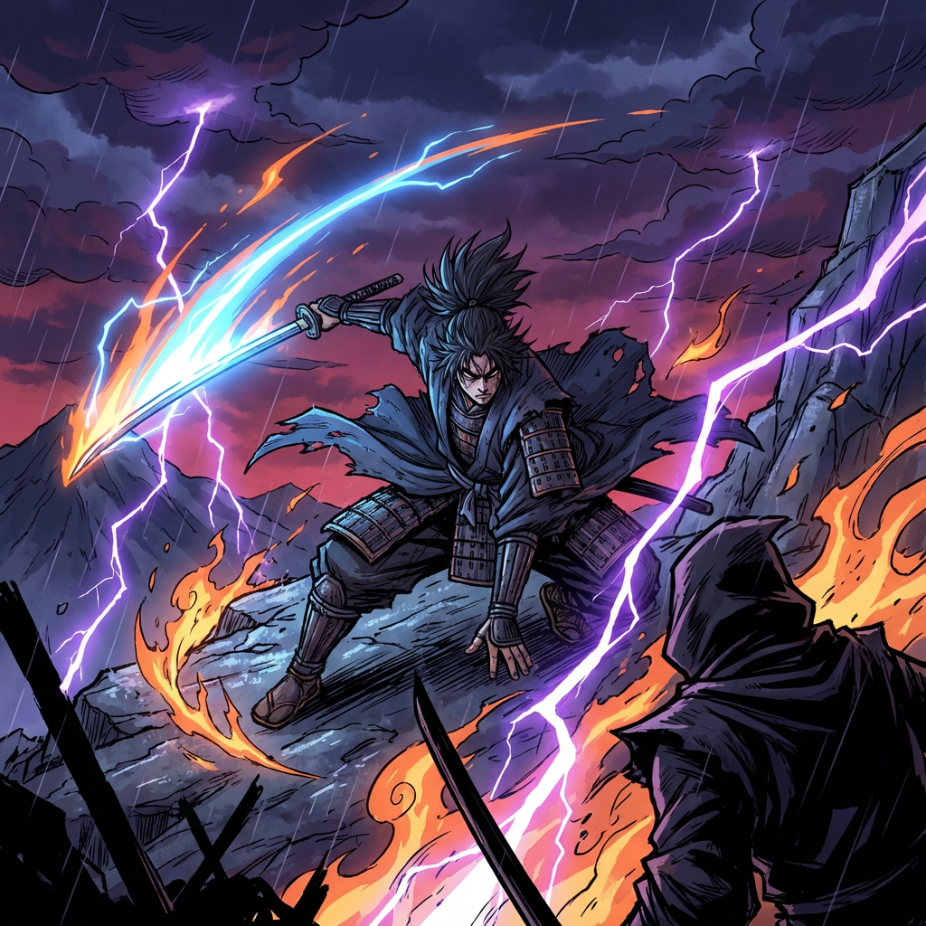 Epic anime samurai warrior wielding a glowing katana in a dynamic battle scene with dramatic fire and lightning effects