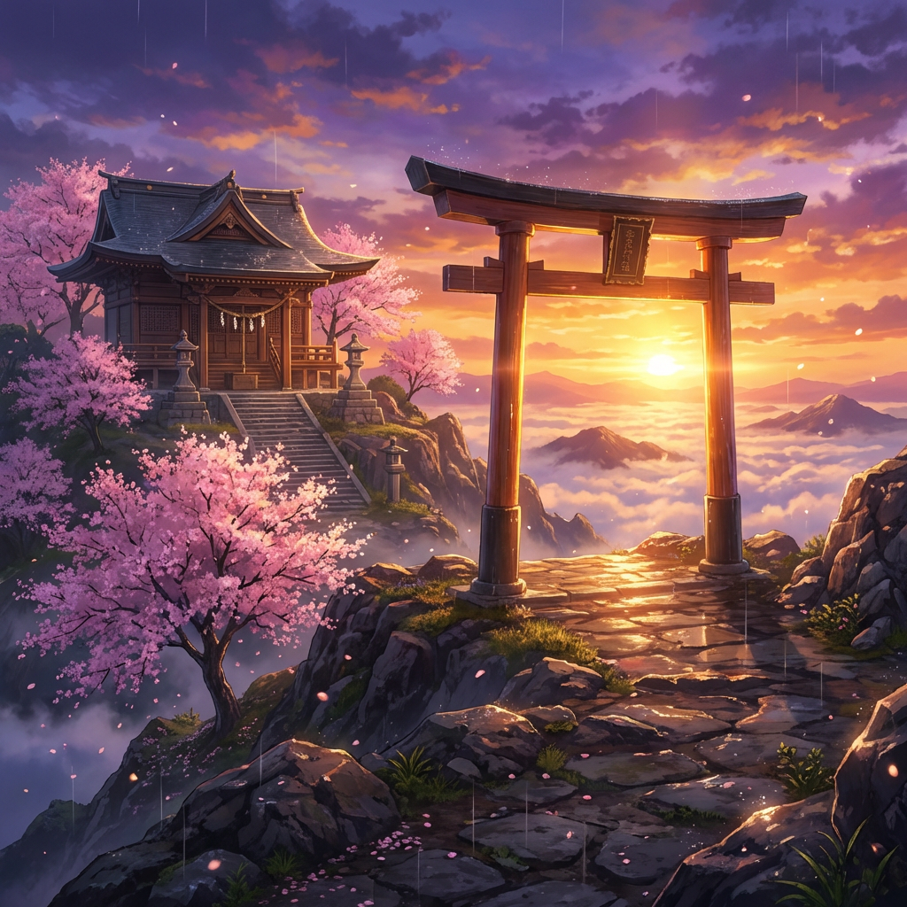 Serene anime landscape of a Japanese shrine on a mountaintop at sunset with sakura trees in bloom, Makoto Shinkai style