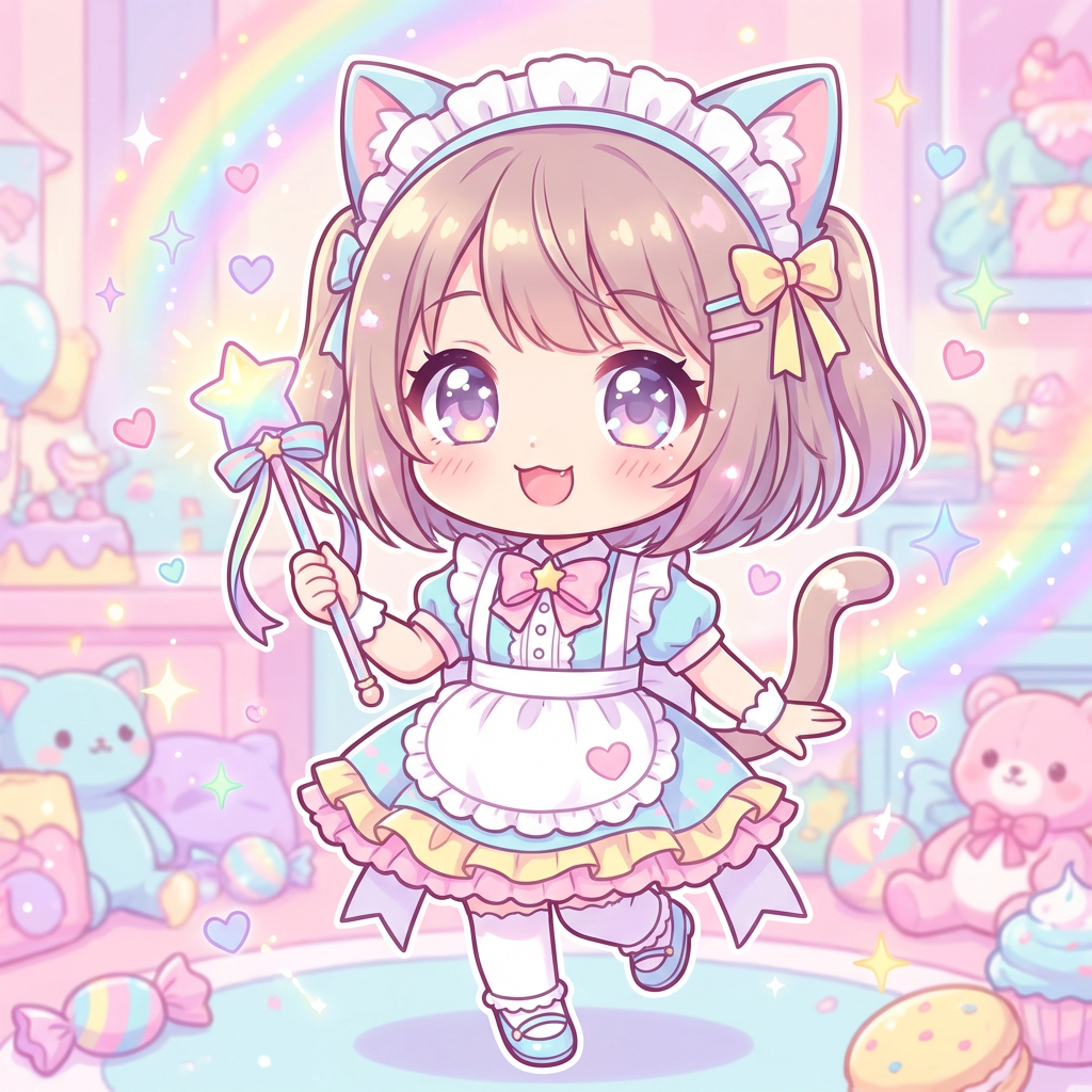 Cute chibi anime cat girl character with big expressive eyes in kawaii style with sparkles and pastel rainbow colors