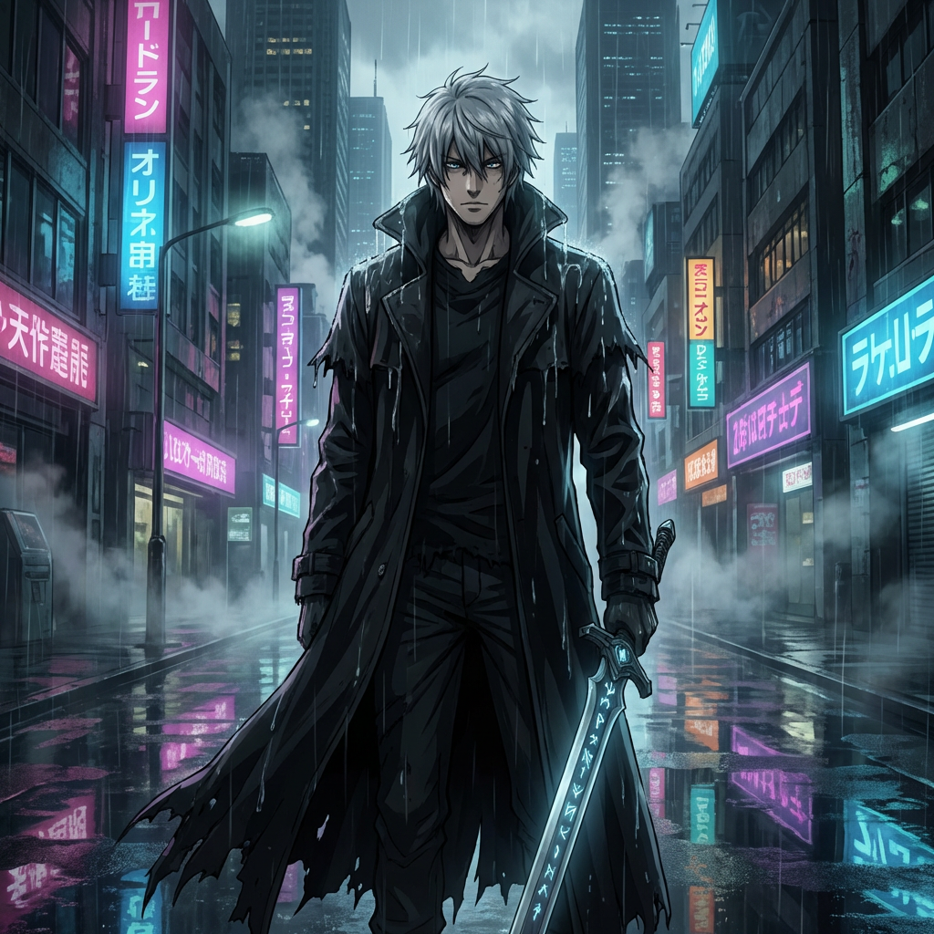 Dark fantasy anime character with silver hair and heterochromia eyes standing in rain with cyberpunk city lights reflecting