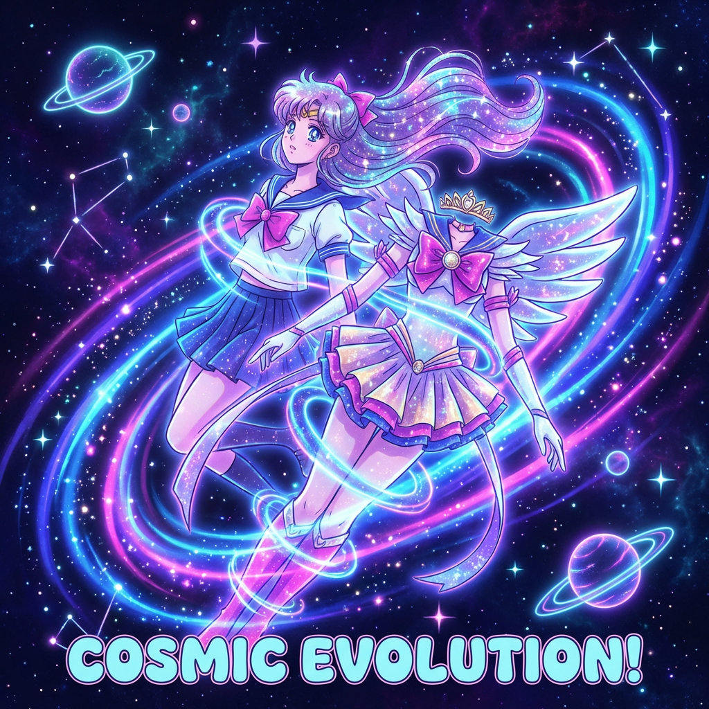 Anime magical girl transformation scene surrounded by swirling cosmic energy and stardust with vibrant neon colors