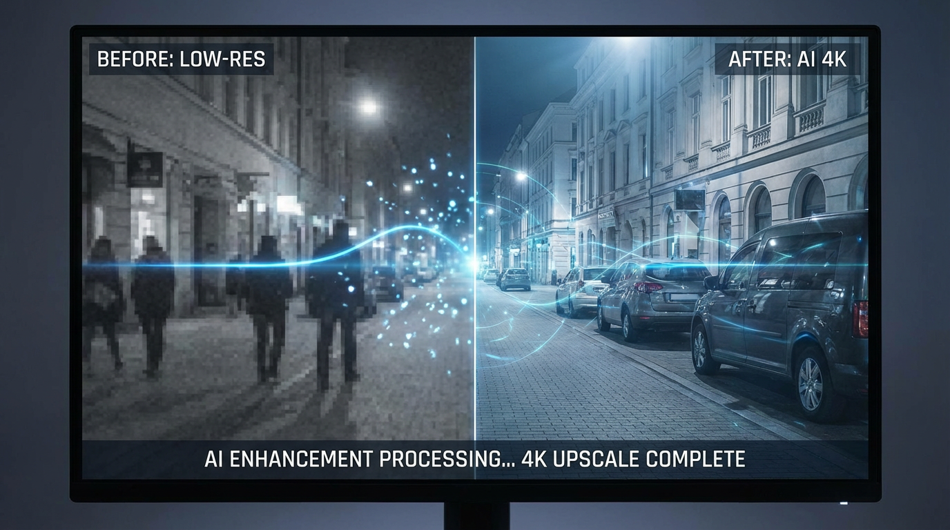 A low-resolution grainy video frame being enhanced and upscaled to crystal clear 4K quality by AI, split screen comparison showing blurry pixelated left side transforming into sharp detailed right side