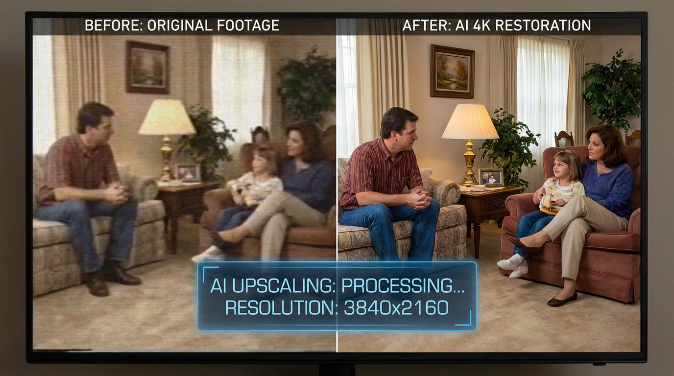 Before and after comparison of old degraded home video footage being restored to stunning 4K clarity by AI upscaling technology, vintage family scene becoming crisp and vibrant
