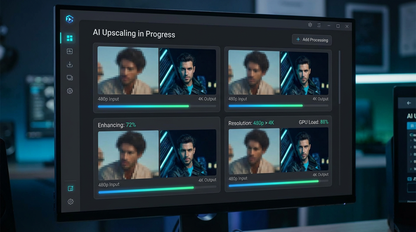 AI video upscaling dashboard interface showing multiple videos being enhanced simultaneously with progress bars, resolution indicators showing 480p to 4K transformation