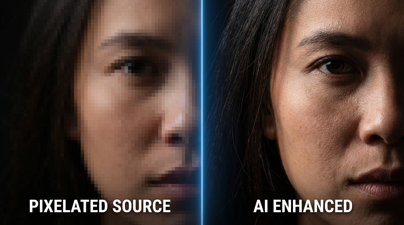 Close-up detail comparison of AI video upscaling showing pixelated face becoming perfectly sharp and detailed with hair strands and skin texture restored by AI enhancement