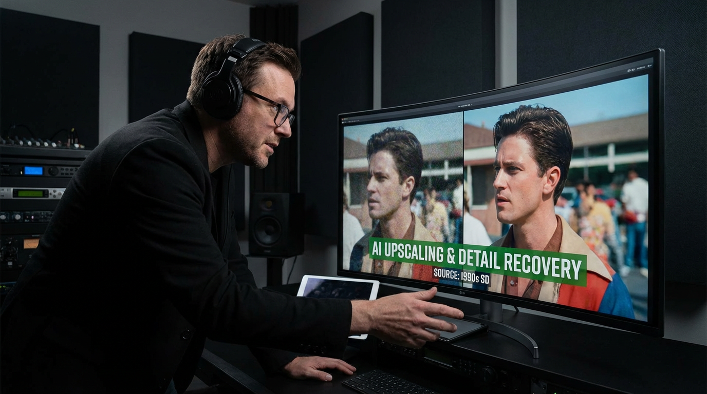 Professional filmmaker reviewing AI-upscaled footage on a large 4K monitor showing incredible detail recovery from old standard definition source material