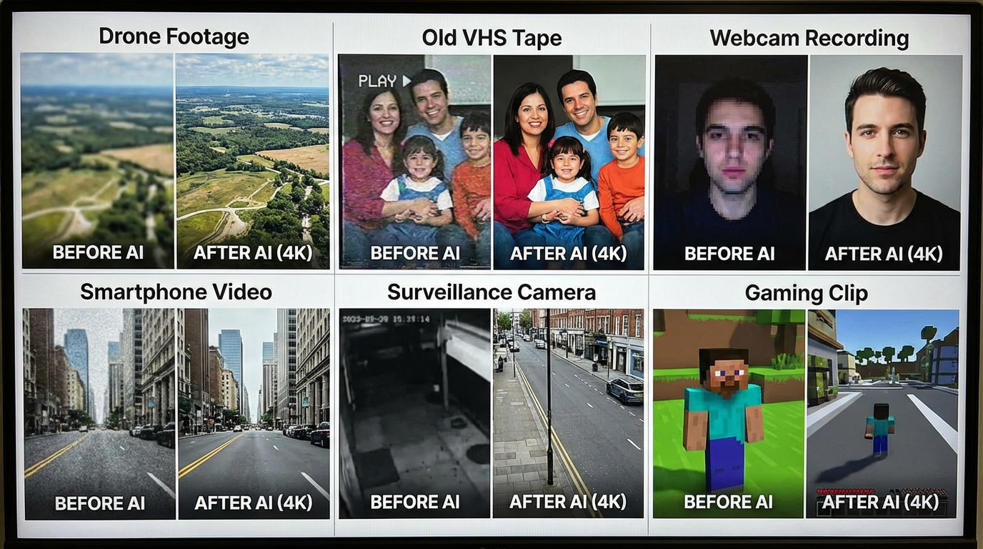 Side by side grid showing six different video types being upscaled including drone footage, old VHS tape, webcam recording, and smartphone video all enhanced to 4K quality