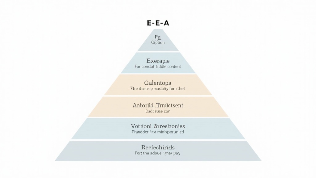 A pyramid diagram showing E-E-A-T components with examples for each level, including trust signals and authority indicators