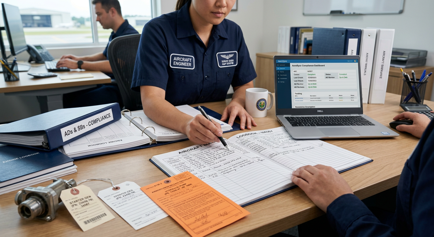 Photorealistic close-up of an aviation maintenance records review in a modern office, with logbooks, aircraft parts tags, ...