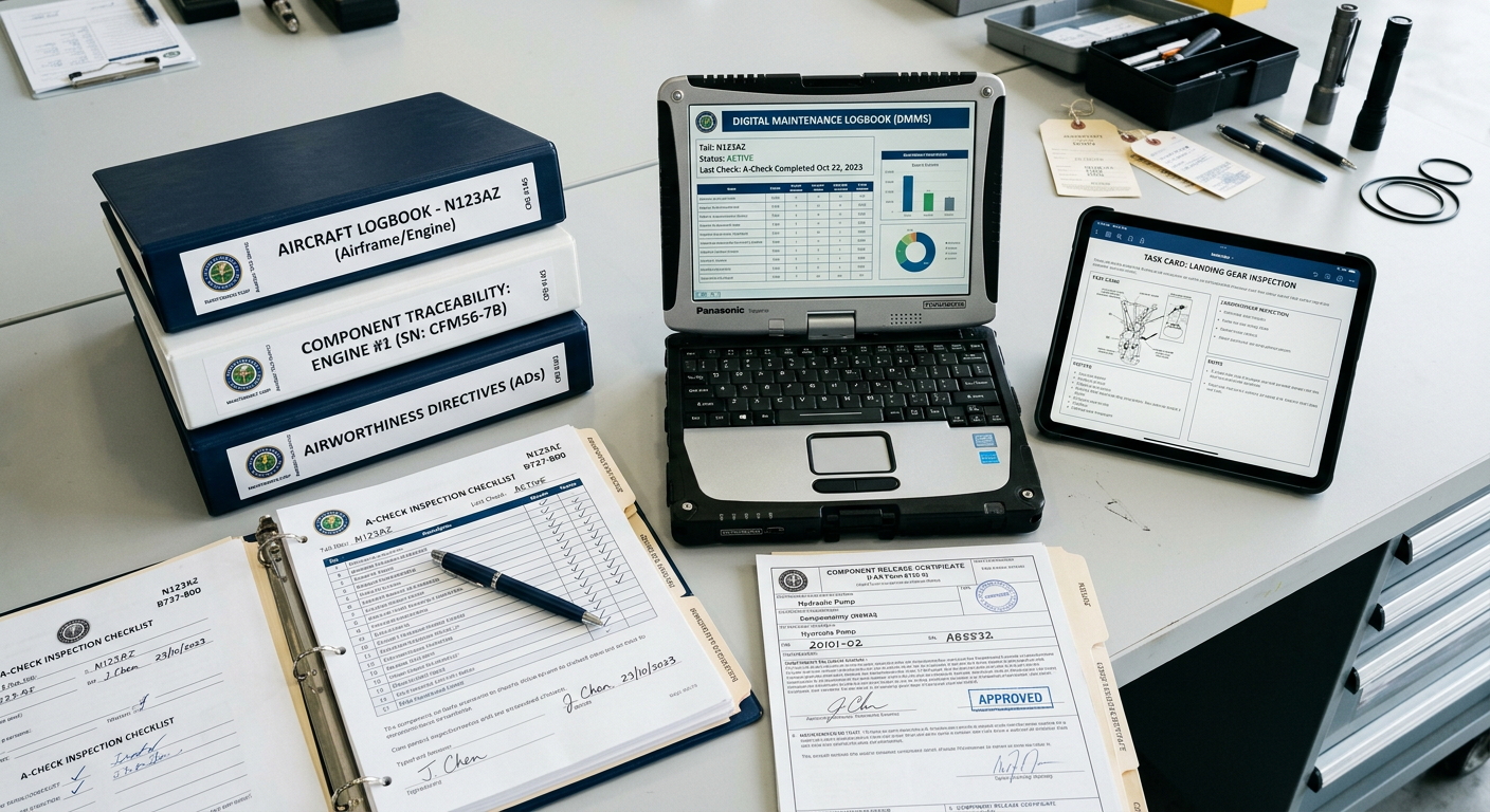 Detailed overhead scene of stacked aircraft maintenance records, digital logbook screens, component traceability files, an...