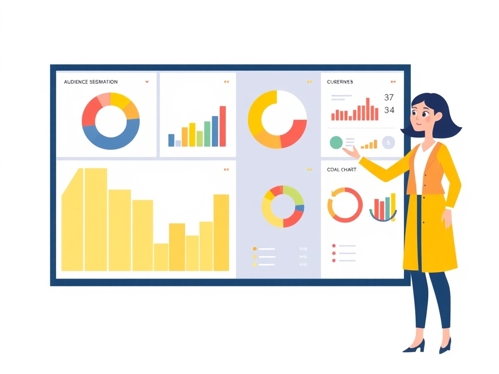 Data analyst reviewing audience segment dashboards with charts and graphs