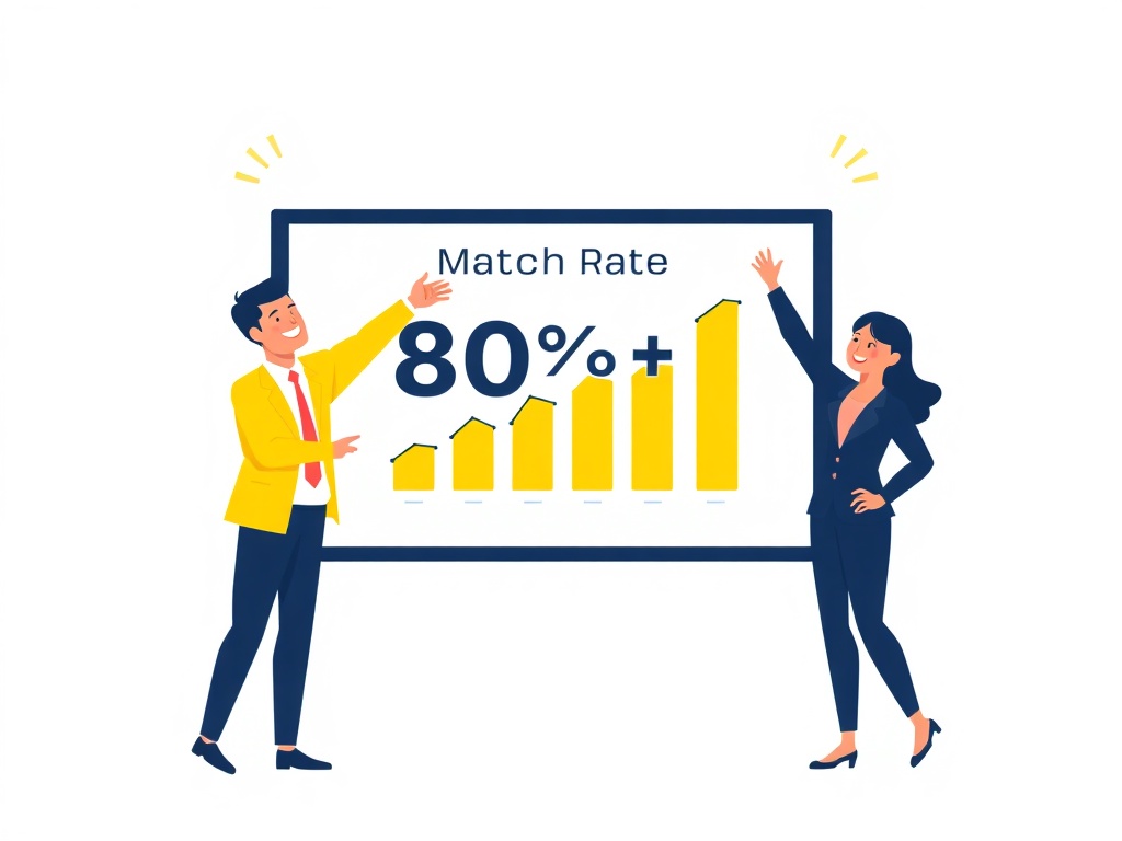 Team celebrating high match rate performance metrics on a large analytics display