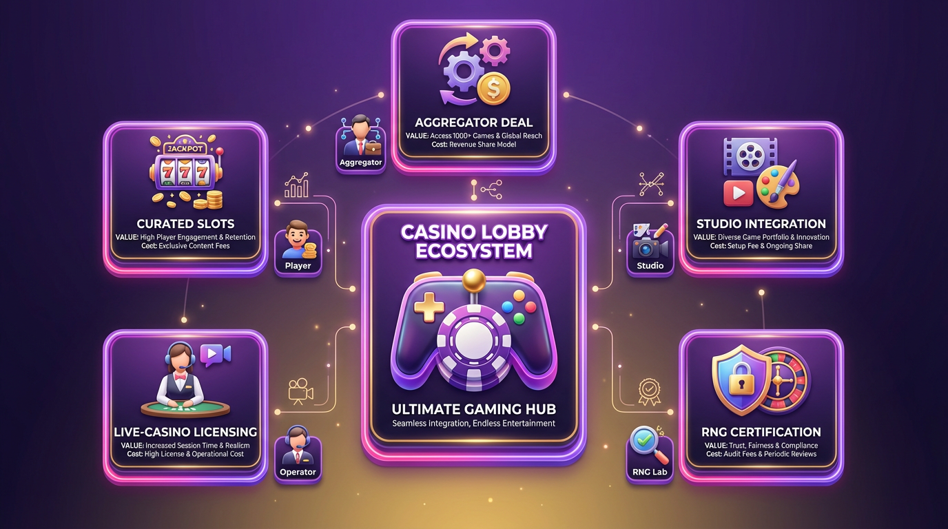 A vibrant 3D casino lobby featuring a central card with a game controller, surrounded by themed cards and mini actor icons.