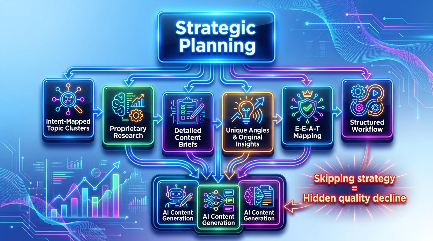 A neon-glow infographic featuring layered cards for strategic planning steps, with vibrant icons, arrows, and a cautionary note on quality.