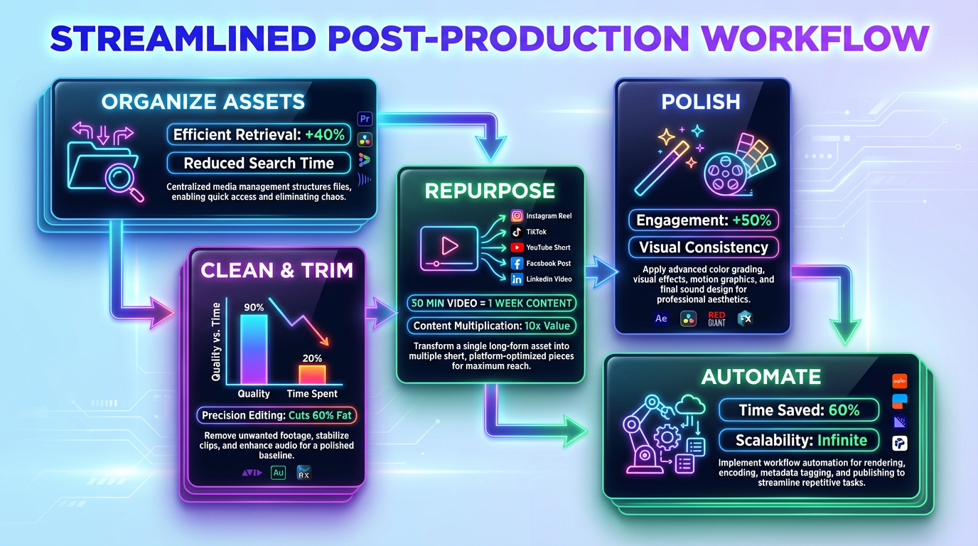 High-tech neon infographic depicting a streamlined post-production workflow with glossy cards for each step, vibrant icons, and metrics.