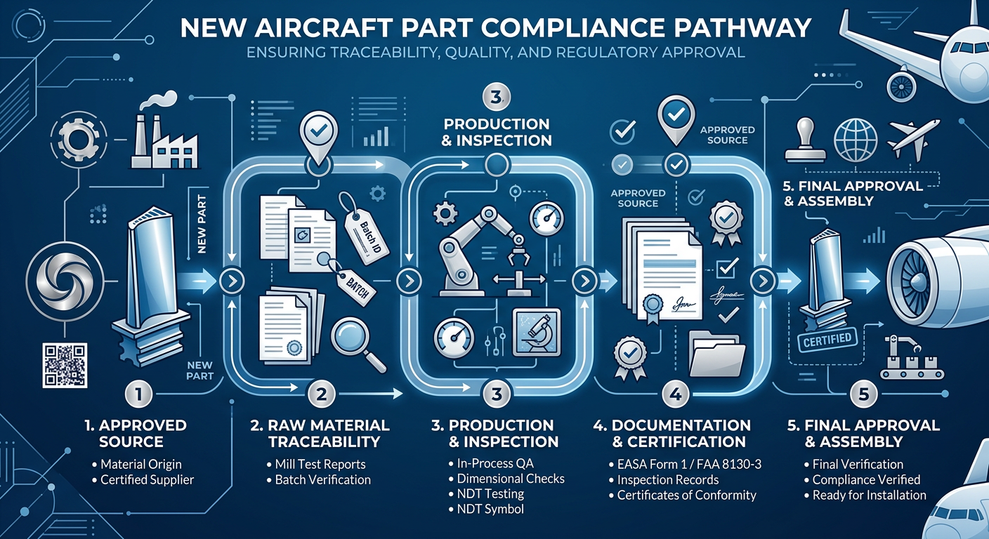 Modern infographic-style illustration of a new aircraft part flowing through a compliance pathway, with traceability check...