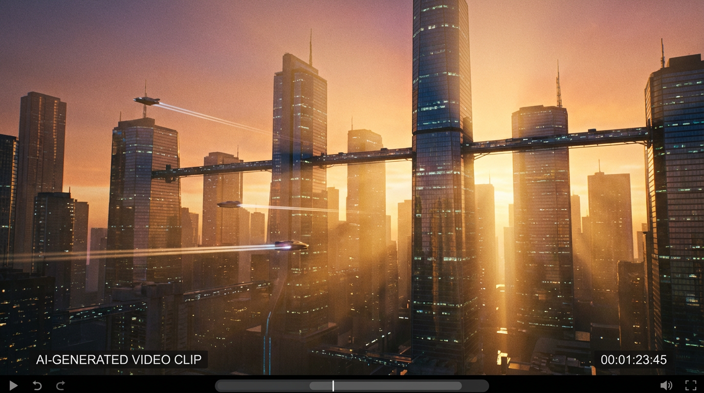 AI-generated cinematic video scene of a futuristic city skyline at sunset, 4K quality