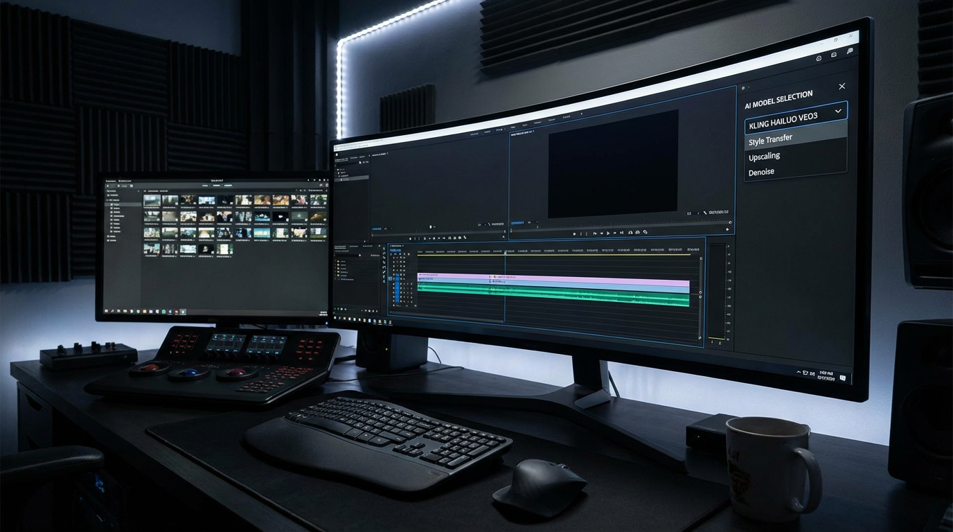 Professional AI video editing workspace with multiple model selection panel, dark mode UI