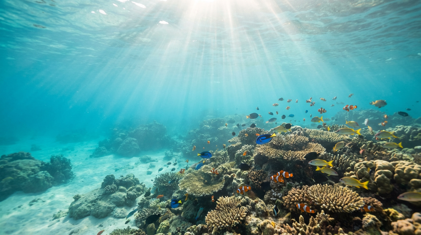 Breathtaking AI-generated underwater ocean scene with sunlight rays, cinematic quality