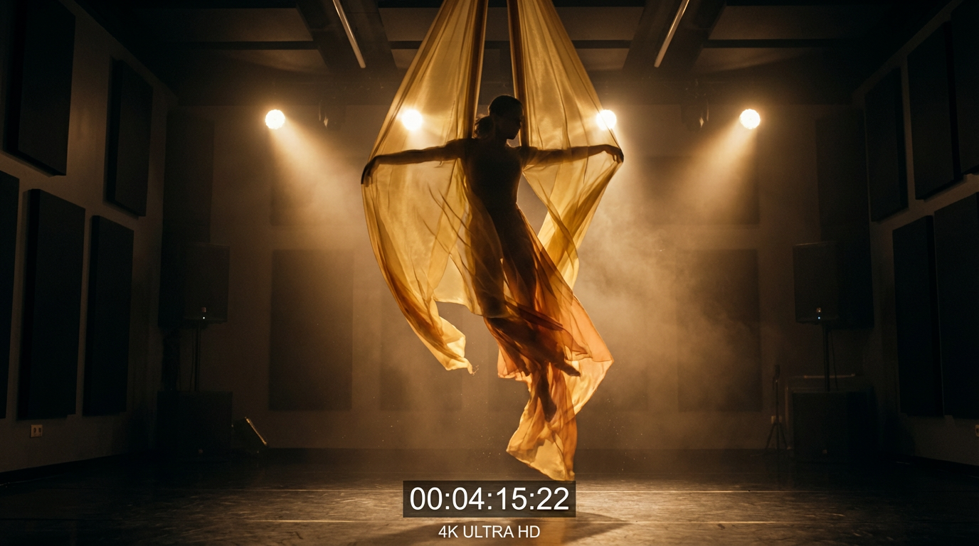 AI-generated dramatic slow motion footage of a dancer in flowing silk fabric, 4K