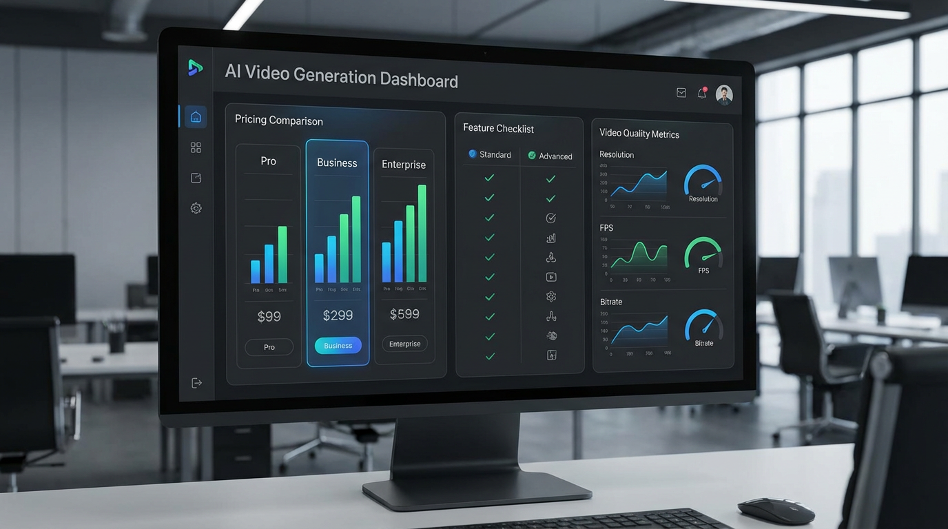 Modern AI video generation dashboard showing pricing comparison and feature metrics