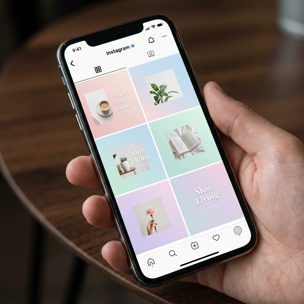 Beautiful Instagram feed layout with six aesthetically cohesive posts featuring pastel gradients and clean typography on a phone screen