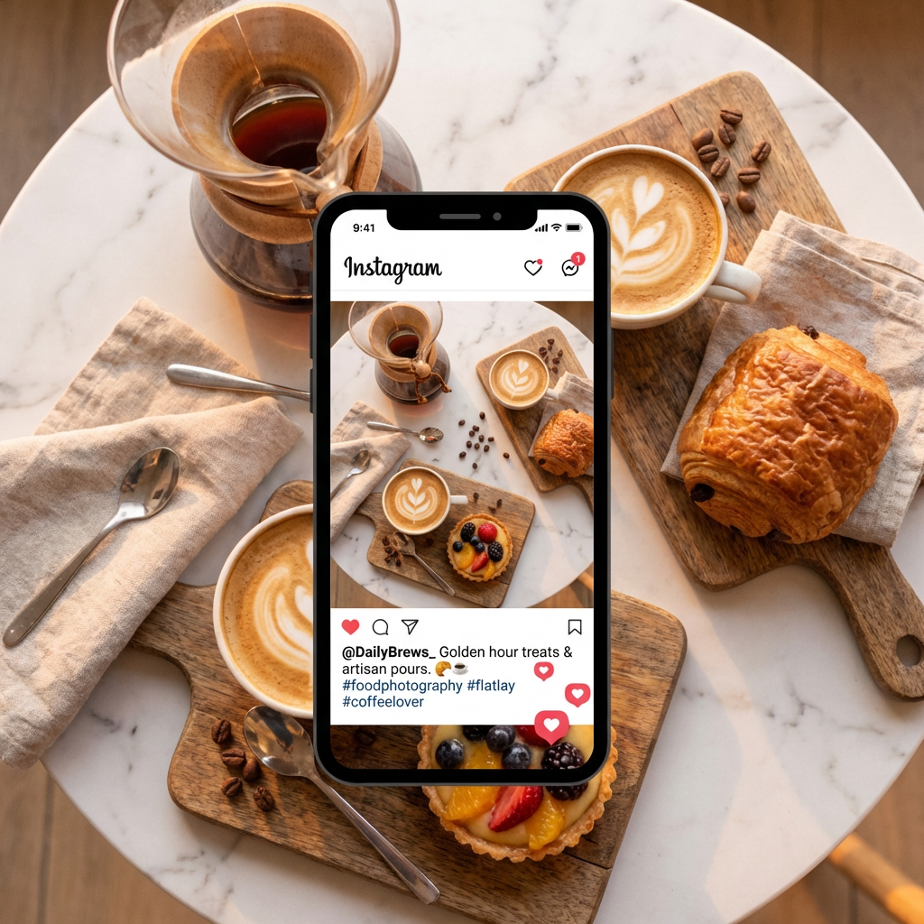 AI-generated Instagram food photography post with artisan coffee and pastries on marble table, warm golden lighting flat lay