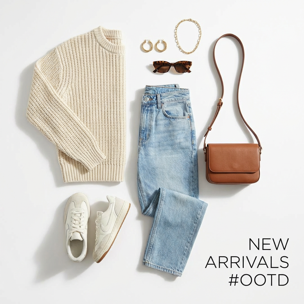 Eye-catching Instagram fashion post with trendy outfit flat lay, accessories arranged aesthetically on white background