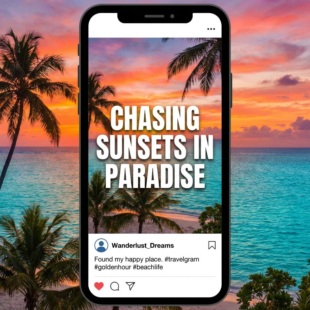 Vibrant Instagram travel post showing beautiful sunset beach scene with bold text overlay and tropical vibes