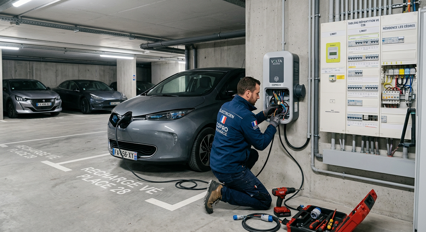 Installateur professionnel pose une borne de recharge électrique IRVE dans un parking souterrain de copropriété moderne avec voiture en charge.