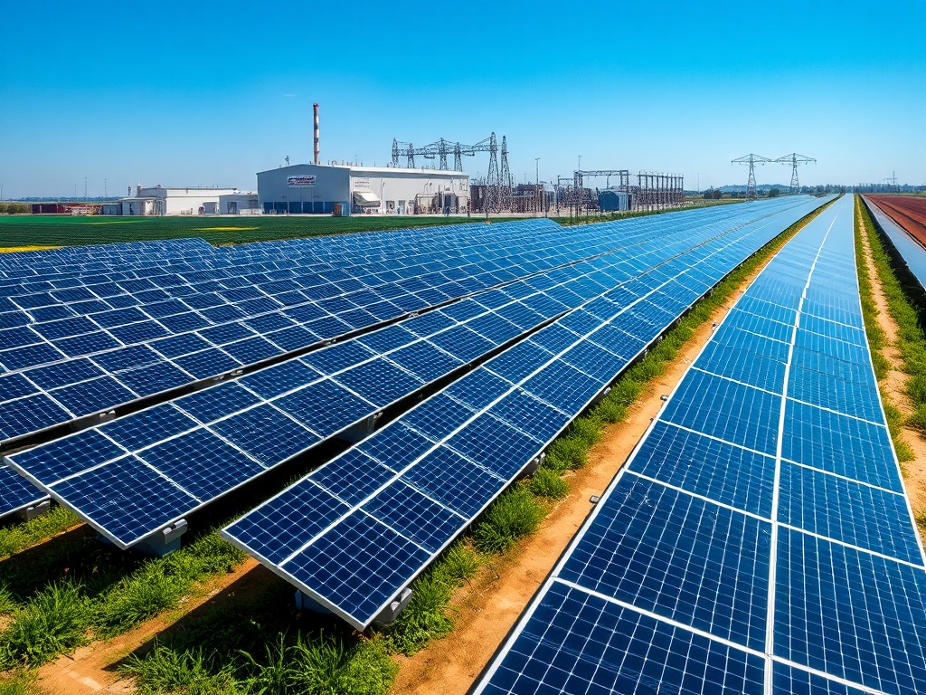 Large-scale solar farm with industrial buildings
