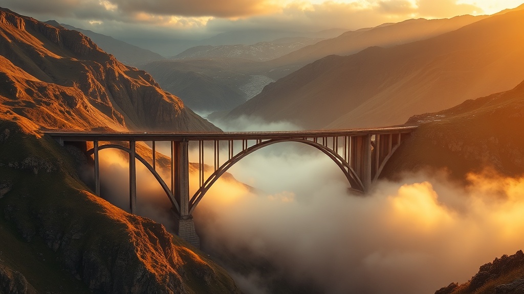 Massive railway viaduct through mountainous terrain