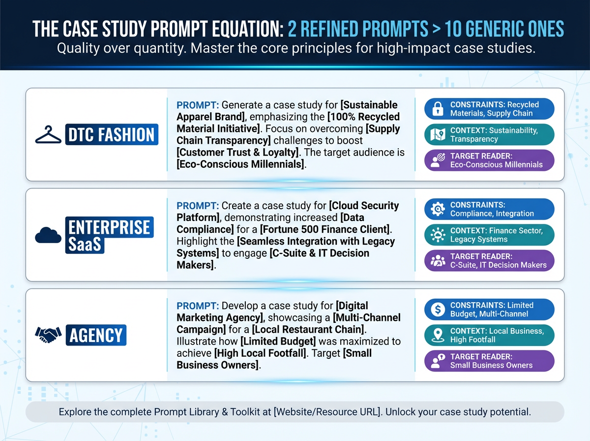 Three example prompts for case studies across DTC, SaaS, and agency contexts