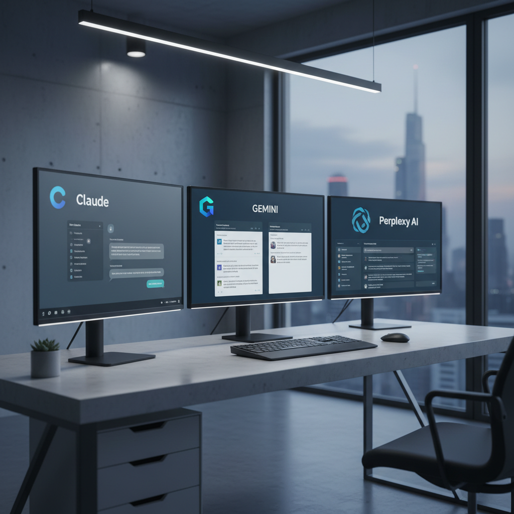 Modern workspace with AI chatbot interfaces side-by-side