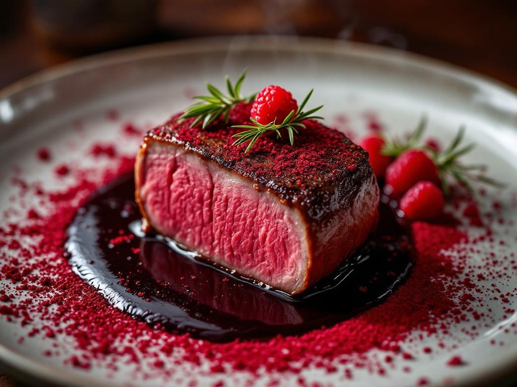 Venison au Sang with Freeze-Dried Raspberry Dust and Juniper Smoke
