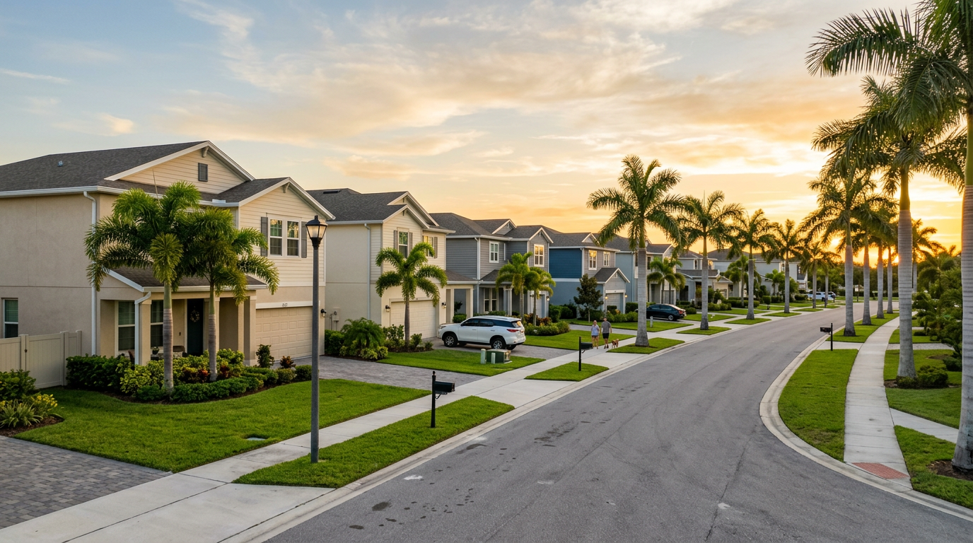 Affordable single-family homes in Lehigh Acres Florida with palm trees and manicured lawns