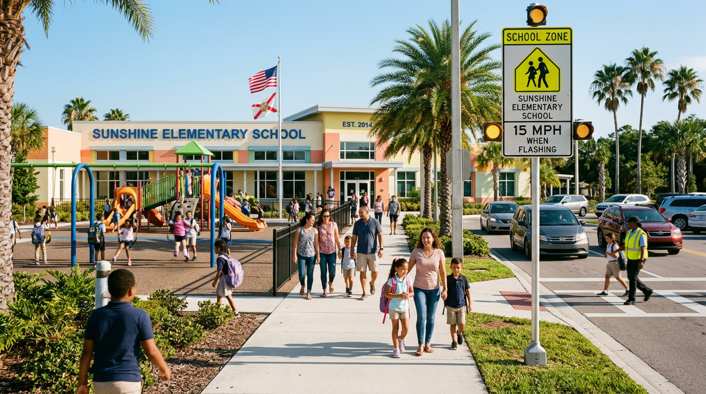Modern elementary school in Florida with playground and families walking on sidewalk