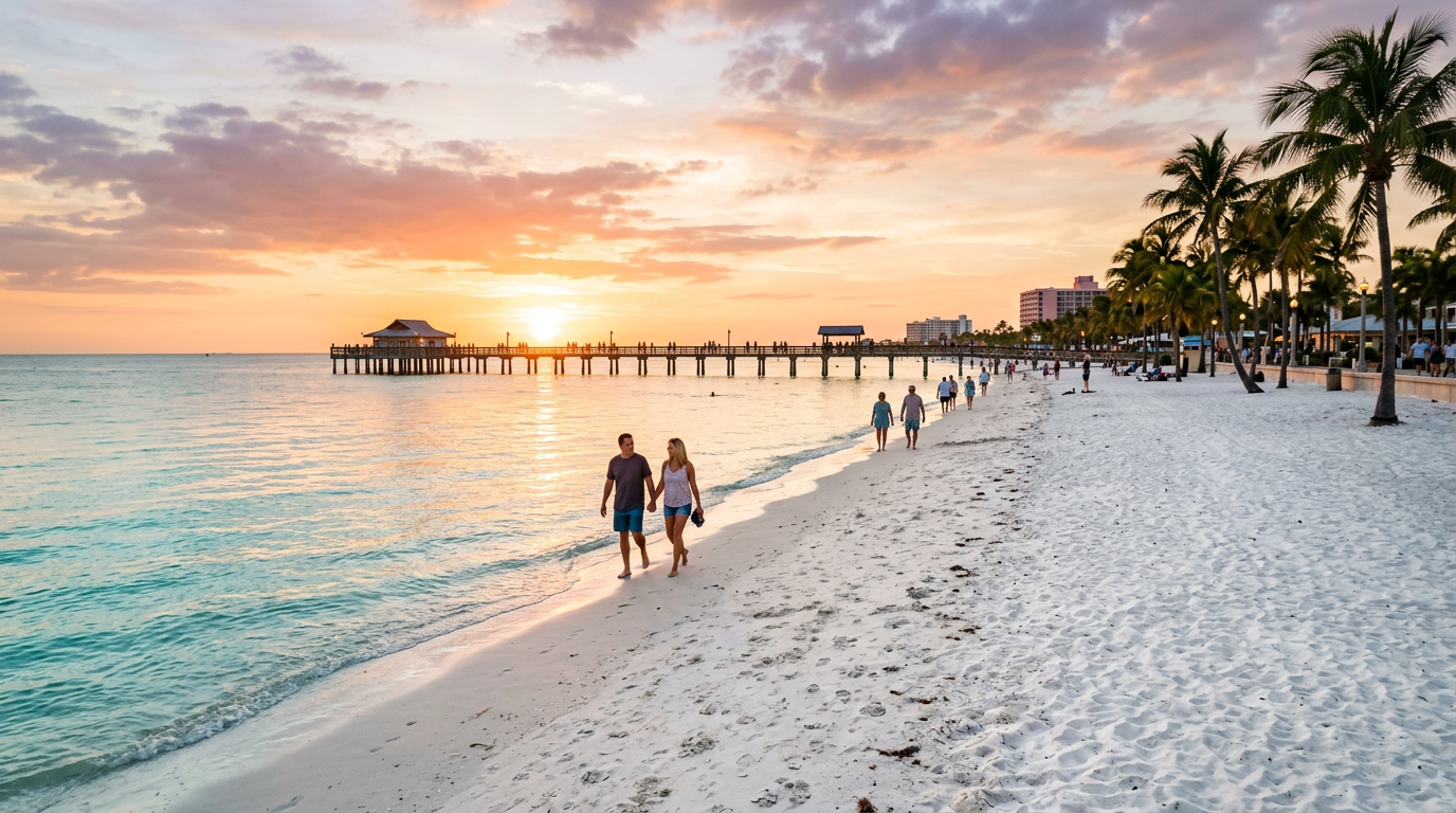 Fort Myers Beach Florida at golden hour with turquoise water and palm trees
